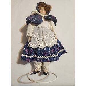 International Doll Porcelain Blue White Floral Dress Red Hair 8.5" Vintage Stand